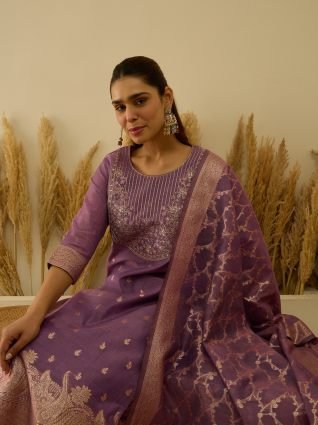 Anarkali Kurta Set Elegant Readymade Embroidered Fancy Neck Three Quarter Sleeves With Pant Dupatta Set