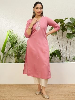 Baby Pink Women Embroidered Silk Blend Straight Kurta