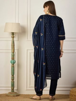 Blue Embroidered Chanderi Silk Kurta Set with Embroidered Dupatta