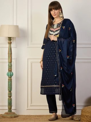 Blue Embroidered Chanderi Silk Kurta Set with Embroidered Dupatta