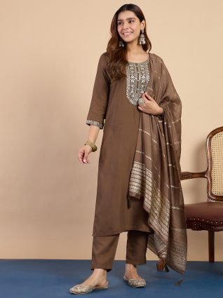 Brown Embroidered Yoke Design Straight Kurta Set with Dupatta