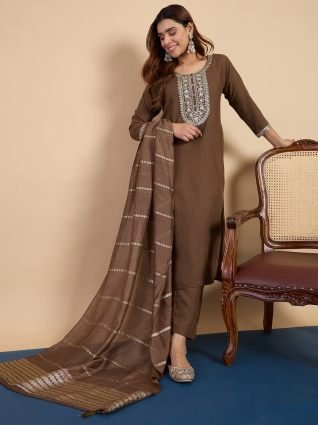 Brown Embroidered Yoke Design Straight Kurta Set with Dupatta