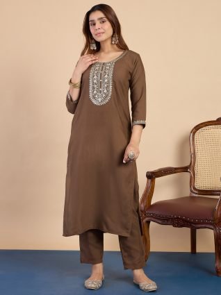 Brown Embroidered Yoke Design Straight Kurta Set with Dupatta