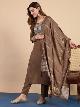 Brown Embroidered Yoke Design Straight Kurta Set with Dupatta
