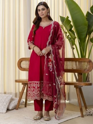 Cherry red Embroidred Kurta Sets with Sequins Work Women Suits
