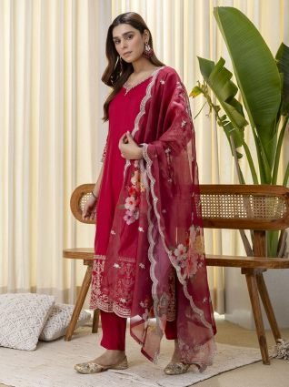Cherry red Embroidred Kurta Sets with Sequins Work Women Suits