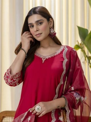 Cherry red Embroidred Kurta Sets with Sequins Work Women Suits
