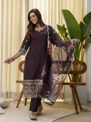 Coffee Brown Festive Kurta Pant Set with Scalloped Floral Dupatta