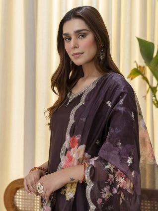 Coffee Brown Festive Kurta Pant Set with Scalloped Floral Dupatta