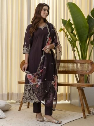 Coffee Brown Festive Kurta Pant Set with Scalloped Floral Dupatta