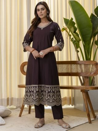 Coffee Brown Festive Kurta Pant Set with Scalloped Floral Dupatta