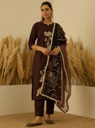 Coffee Silk Blend Embroidered with Sequins Straight Kurta Set with Trousers   Dupatta