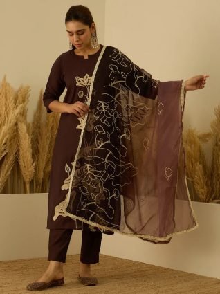 Coffee Silk Blend Embroidered with Sequins Straight Kurta Set with Trousers   Dupatta