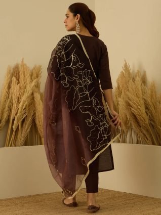 Coffee Silk Blend Embroidered with Sequins Straight Kurta Set with Trousers   Dupatta