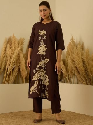 Coffee Silk Blend Embroidered with Sequins Straight Kurta Set with Trousers   Dupatta