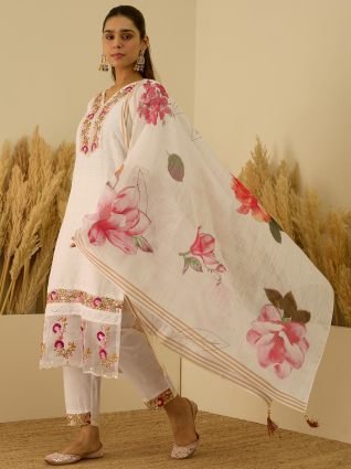 Cotton Blend Embroidered with Sequins Straight Kurta Set with Trousers   Dupatta