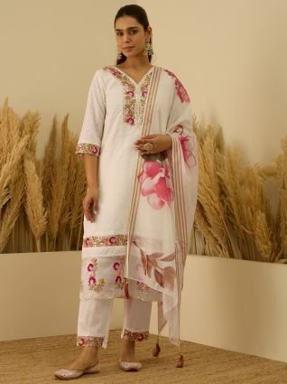Cotton Blend Embroidered with Sequins Straight Kurta Set with Trousers   Dupatta