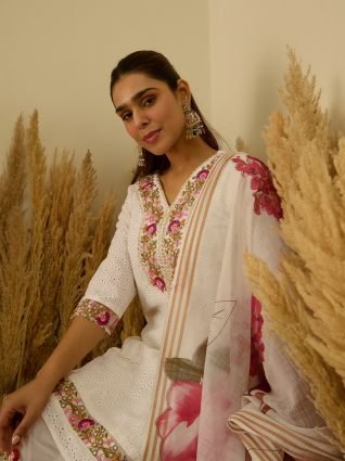 Cotton Blend Embroidered with Sequins Straight Kurta Set with Trousers   Dupatta
