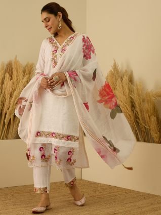 Cotton Blend Embroidered with Sequins Straight Kurta Set with Trousers   Dupatta