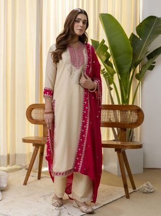  Cream Embroidred Kurta Sets with Sequins Work Women Suits