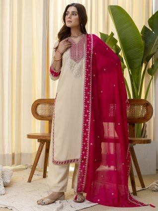 Cream Embroidred Kurta Sets with Sequins Work Women Suits