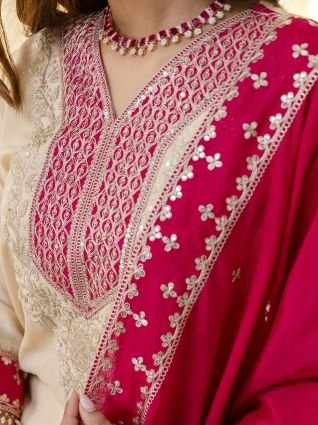 Cream Embroidred Kurta Sets with Sequins Work Women Suits