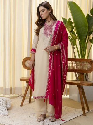 Cream Embroidred Kurta Sets with Sequins Work Women Suits