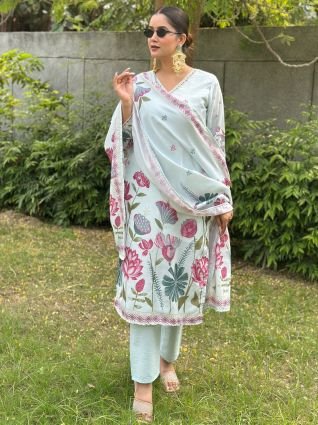 Digital Printed Neck Handwork Women Kurta Sets With Dupatta Straight Suits