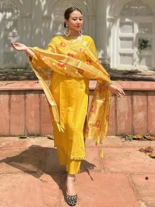 Elegant Silk Blend Kurta Set with Beaded Embroidered Design   Organza Dupatta