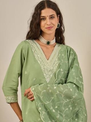 Elegant Silk Blend Kurta Set with Chanderi Dupatta Ready to Wear Embroidered Party Wear Outfit