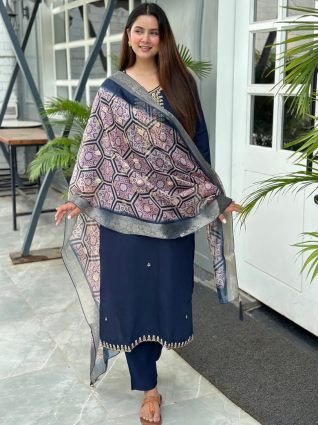 Elegant Silk Blend Kurta Set with Beaded Embroidered Design   Organza Dupatta