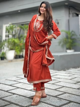 Embroidered Silk Blend Anarkali Suit Set With Dupatta