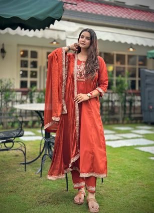 Embroidered Silk Blend Anarkali Suit Set With Dupatta