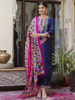 Embroidered Silk Blend Calf Length Straight Kurta Trouser with Dupatta Set
