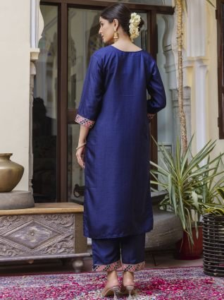 Embroidered Silk Blend Calf Length Straight Kurta Trouser with Dupatta Set
