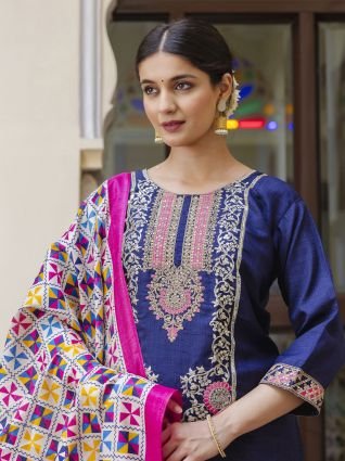 Embroidered Silk Blend Calf Length Straight Kurta Trouser with Dupatta Set