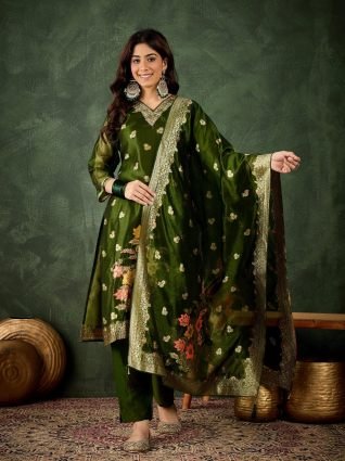 Embroidered Silk Blend Organza Meenakari Straight Suits With Dupatta