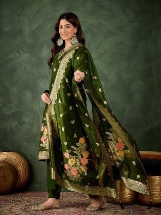 Embroidered Silk Blend Organza Meenakari Straight Suits With Dupatta