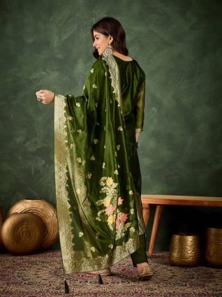 Embroidered Silk Blend Organza Meenakari Straight Suits With Dupatta