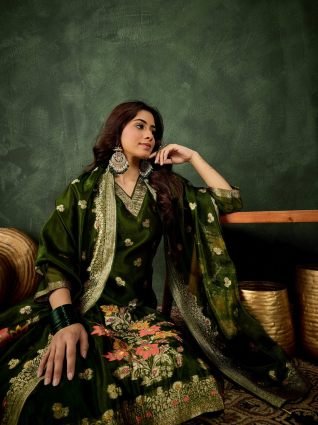 Embroidered Silk Blend Organza Meenakari Straight Suits With Dupatta