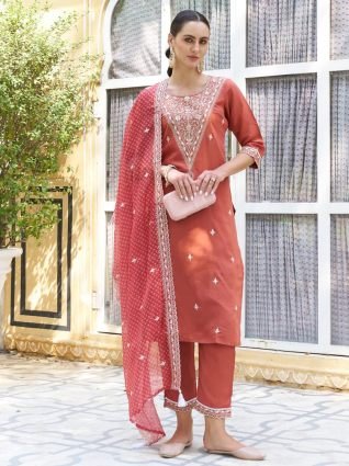 Embroidered Silk Blend Straight Suit With Dupatta