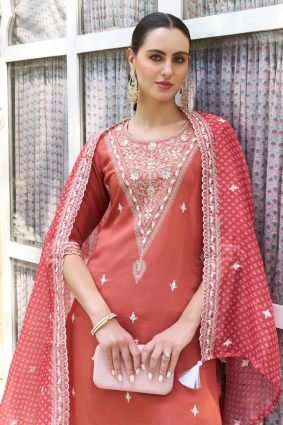 Embroidered Silk Blend Straight Suit With Dupatta