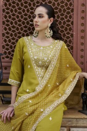 Embroidered Silk Blend Straight Suit With Dupatta