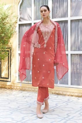 Embroidered Silk Blend Straight Suit With Dupatta