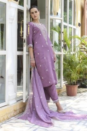 Embroidered Silk Blend Straight Suit With Dupatta