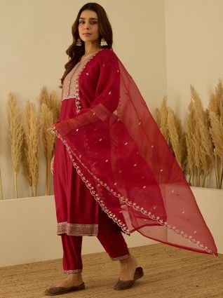 Embroidered Silk Blend Suit Set With Dupatta