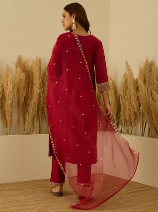 Embroidered Silk Blend Suit Set With Dupatta