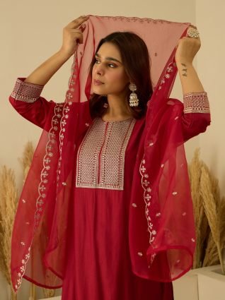 Embroidered Silk Blend Suit Set With Dupatta