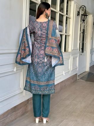 Embroidery Silk Straight Kurta With Trousers   Dupatta Sets
