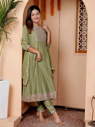 Festive Embroidered Russian Silk Mehndi Anarkali Set